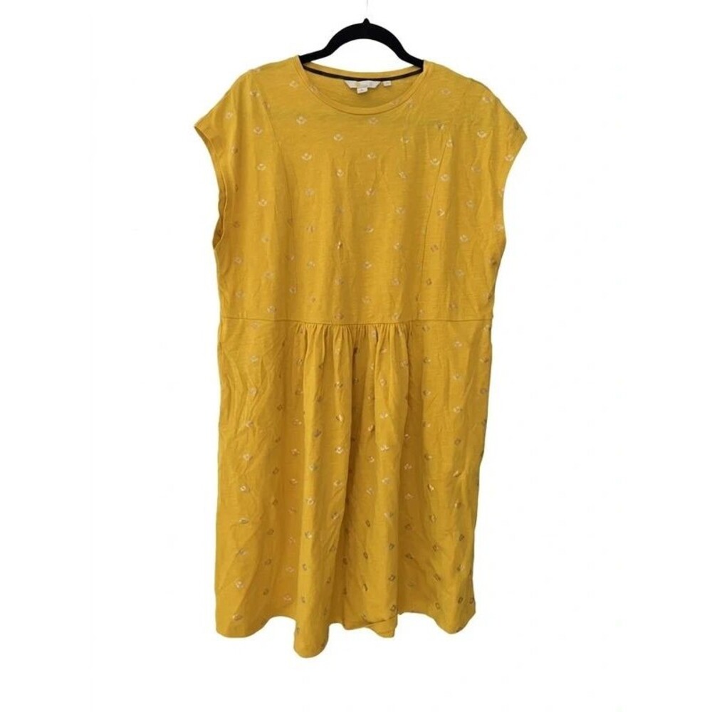 Boden Mustard Yellow Gold Foil Heart Cap Sleeve Empire Waist Dress – Size 12
